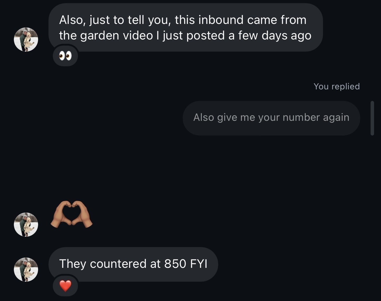 Zak Brahmbhatt: inbound from his garden video, brand countered at $850